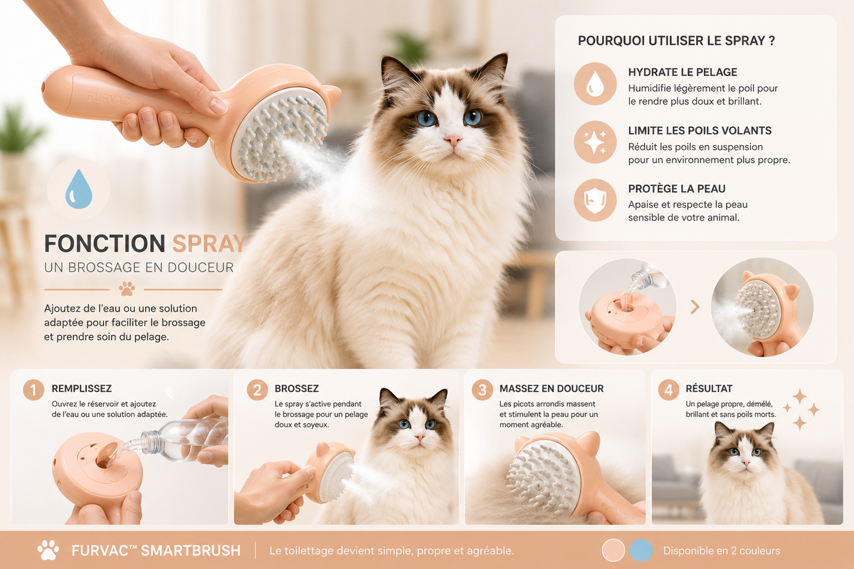 FURVAC™ SmartBrush – Brosse autonettoyante avec spray pour chiens et chats