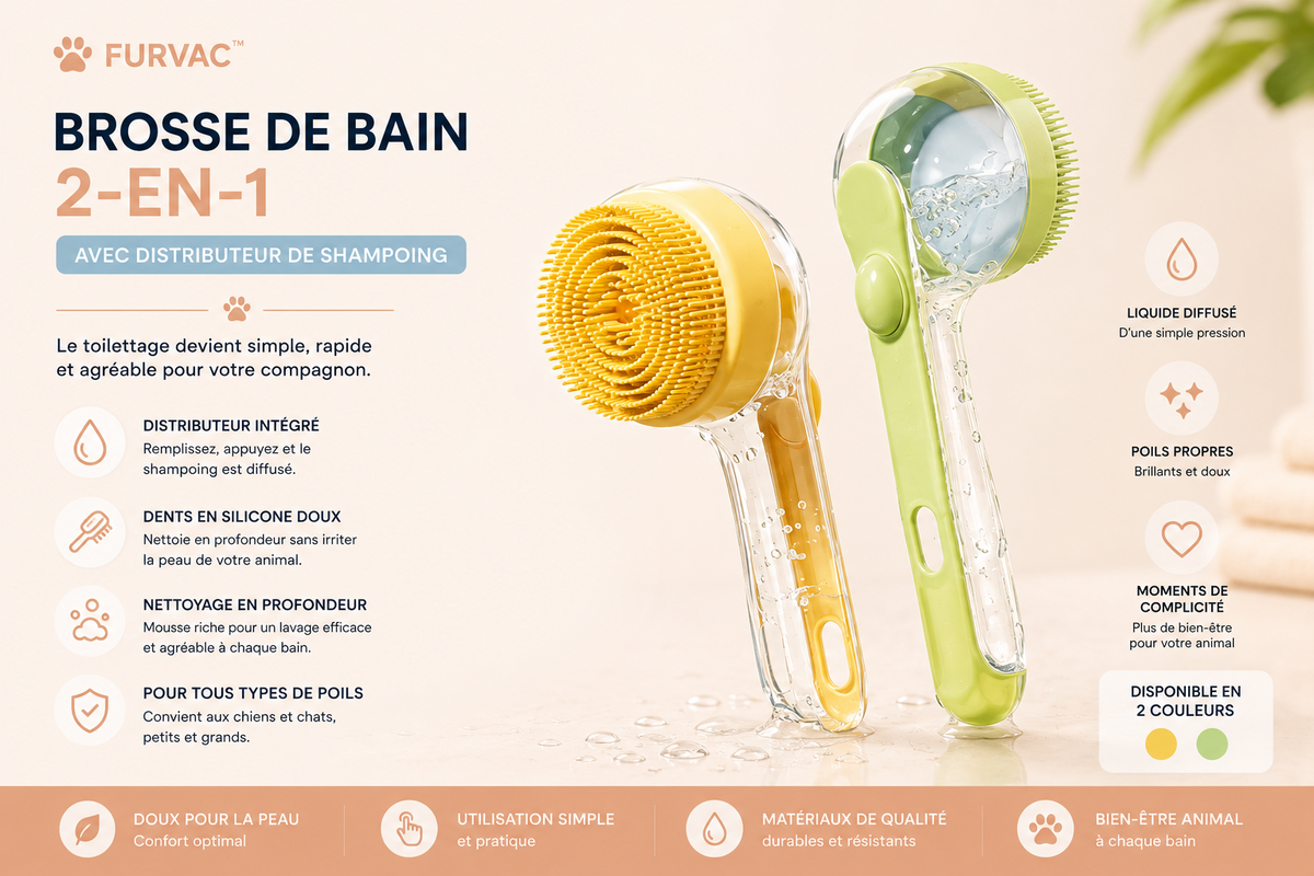 FURVAC™ Brosse de Bain 2-en-1 avec Distributeur de Shampoing